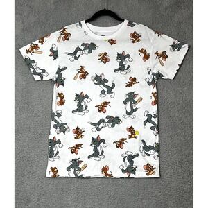 Tom & Jerry T Shirt Women M White Cotton Animated Cartoon All Over Graphic Print